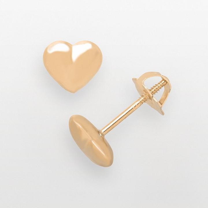 14k Gold Puffed Heart Stud Earrings - Kids, Girl's, Yellow