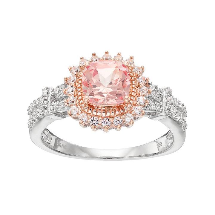Two Tone Sterling Silver Lab-created Morganite & White Sapphire Halo Ring, Women's, Size: 8, Pink