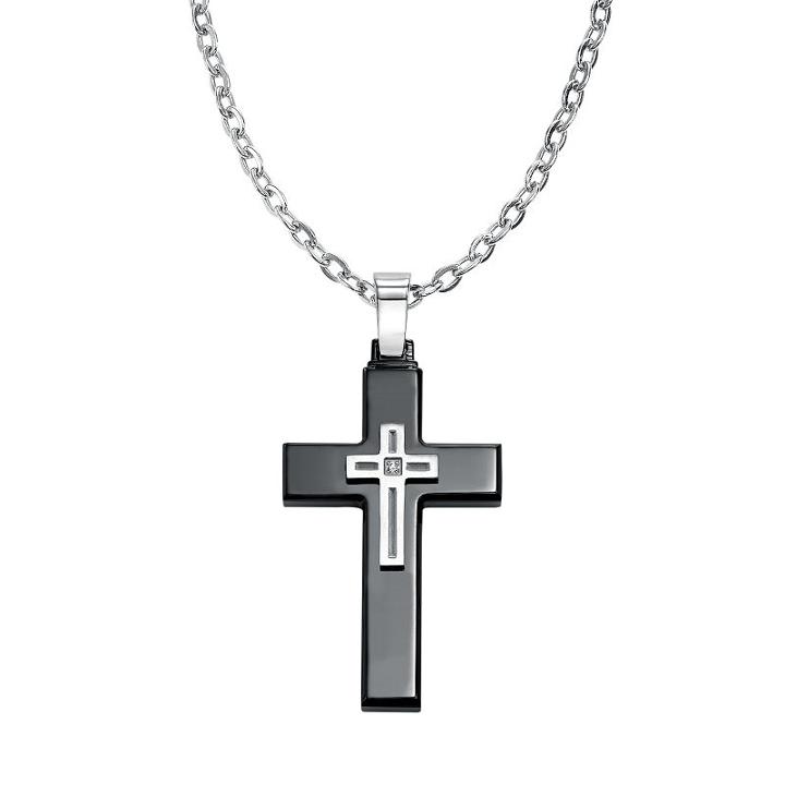 Axl By Triton Diamond Accent Stainless Steel & Black Ion-plated Stainless Steel Cross Pendant Necklace - Men, White