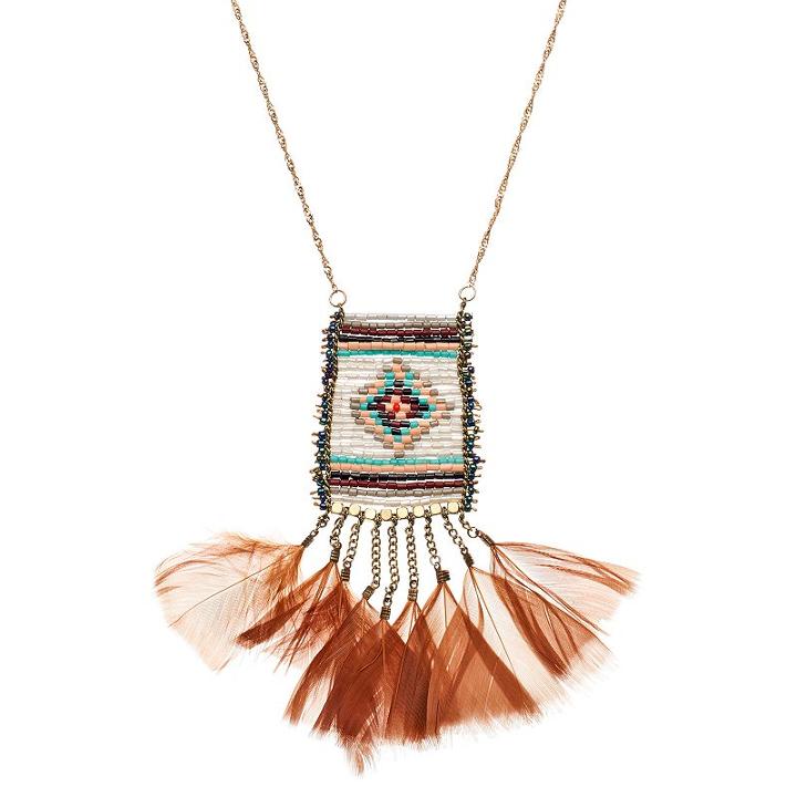 Long Beaded Tribal Feather Fringe Necklace, Women's, Multicolor