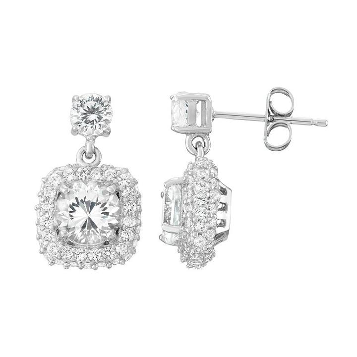 100 Facets Of Love Sterling Silver Lab-created White Sapphire Square Halo Drop Earrings, Women's