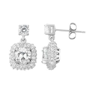 100 Facets Of Love Sterling Silver Lab-created White Sapphire Square Halo Drop Earrings, Women's
