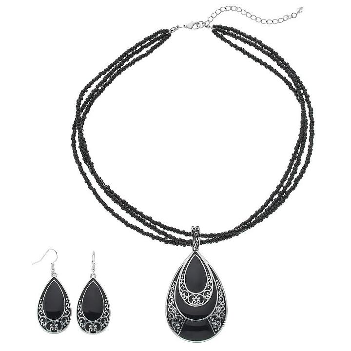 Plus Size Multi Strand Seed Bead Teardrop Pendant Necklace & Earring Set, Women's, Black