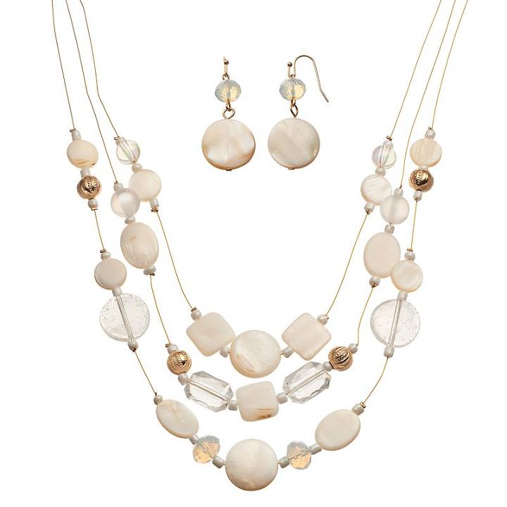 White Composite Shell Multi Strand Necklace & Drop Earring Set, Women's