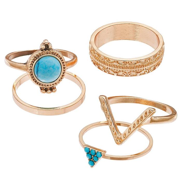 Mudd&reg; Simulated Turquoise, Geometric & Textured Ring Set, Women's, Size: 7, Turq/aqua