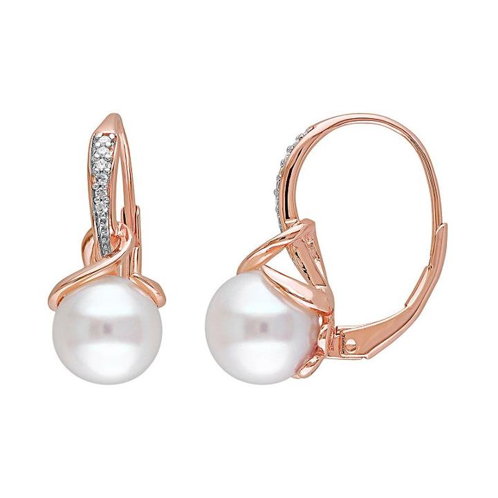 Freshwater Cultured Pearl & Diamond Accent Pink Rhodium-plated Sterling Silver Drop Earrings, Women's, White
