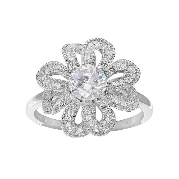 Sterling Silver Cubic Zirconia Openwork Flower Ring, Women's, Size: 9, White