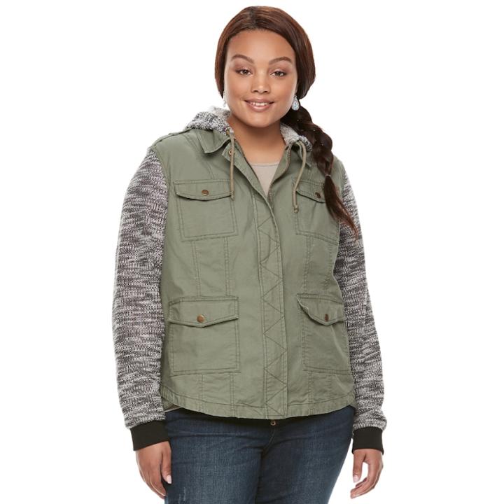 Juniors' Plus Size Mudd&reg; Marled Knit-sleeve Utility Jacket, Teens, Size: 2xl, Green