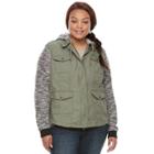 Juniors' Plus Size Mudd&reg; Marled Knit-sleeve Utility Jacket, Teens, Size: 2xl, Green