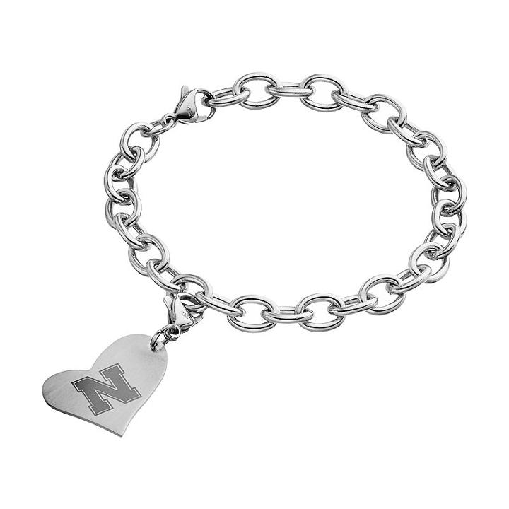 Fiora Stainless Steel Nebraska Cornhuskers Heart Charm Bracelet, Women's, Size: 8, Grey