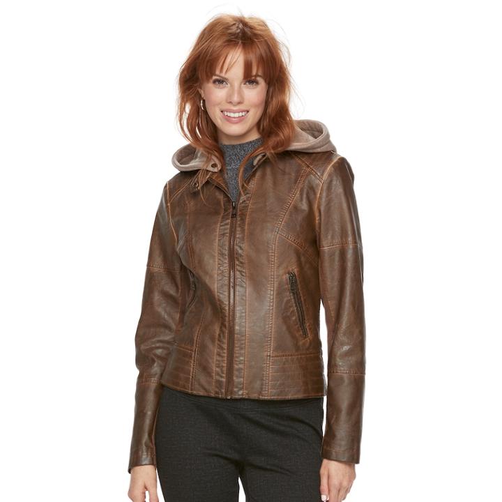Women's Sebby Collection Hooded Faux-leather Jacket, Size: Large, Med Brown