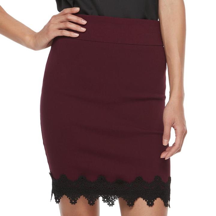 Juniors' Joe B Lace Hem Pencil Skirt, Teens, Size: Small, Dark Red