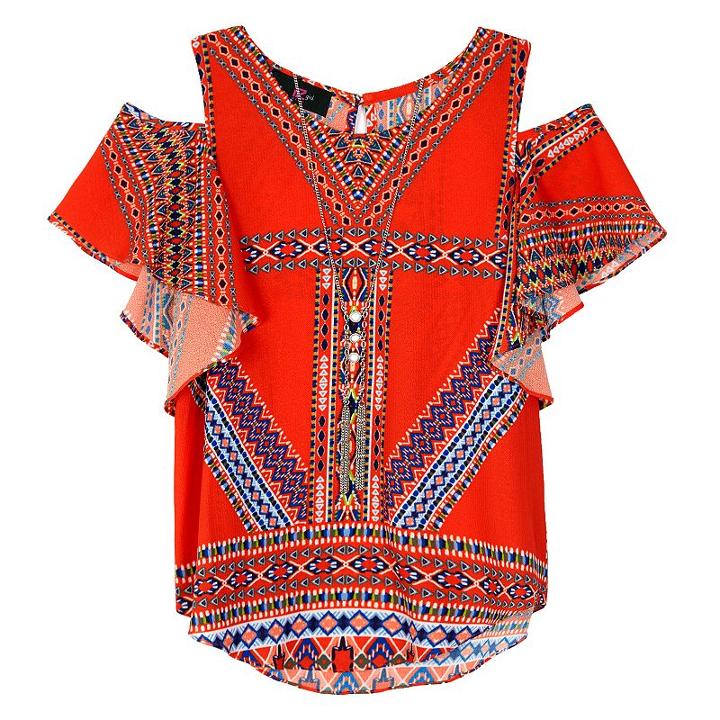 Girls 7-16 Iz Amy Byer Cold Shoulder Flutter Top With Necklace, Size: Large, Red Multi