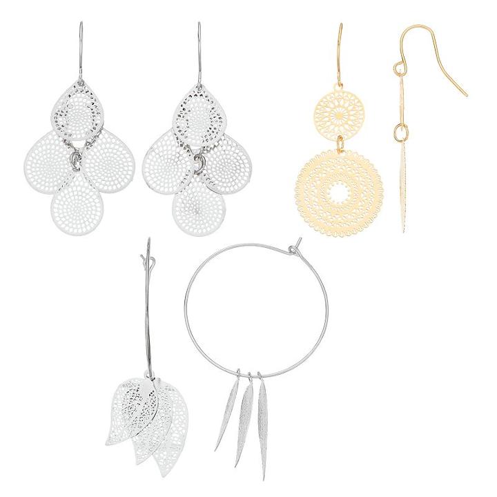 Mudd&reg; Medallion Drop, Teardrop Kite & Leaf Hoop Nickel Free Earring Set, Women's, Multicolor