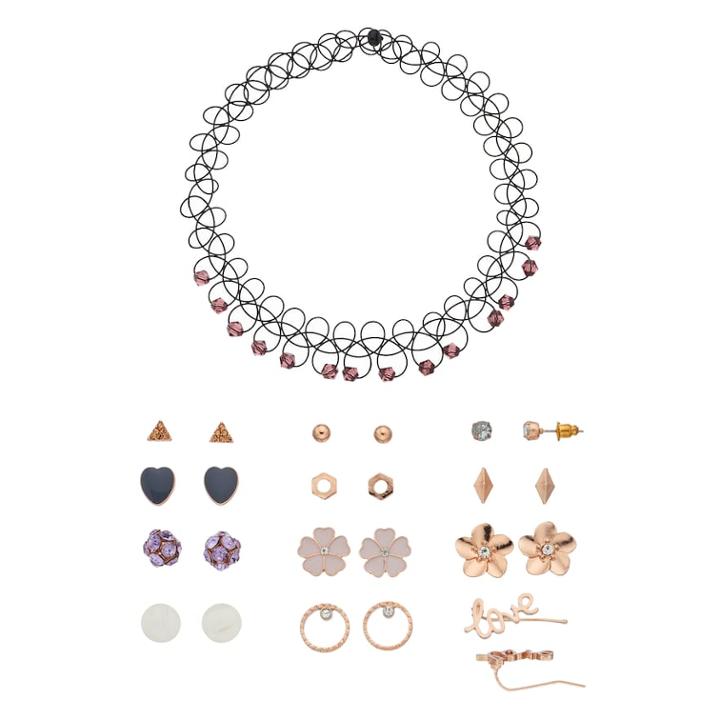 Mudd&reg; Beaded Tattoo Choker Necklace & Stud Earring Set, Women's, Pink