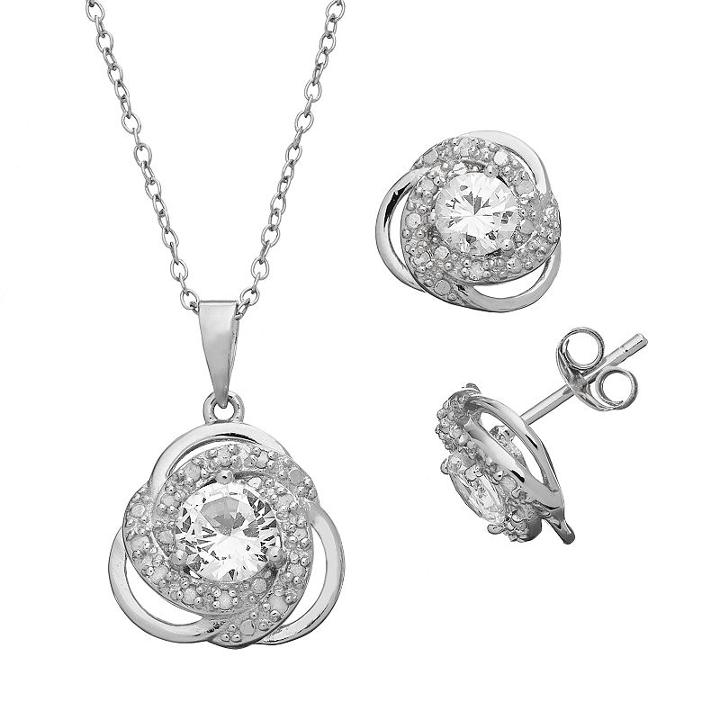 1/5 Carat T.w. Diamond & Lab-created White Sapphire Sterling Silver Love Knot Pendant & Stud Earring Set, Women's, Size: 18