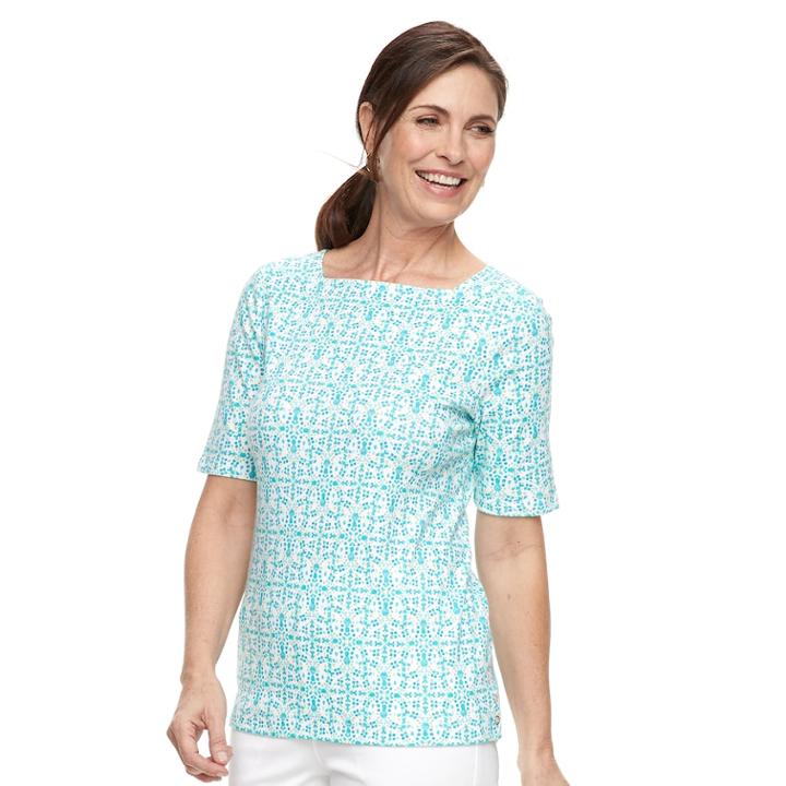 Women's Croft & Barrow&reg; Print Button-hem Squareneck Top, Size: Xl, Med Blue