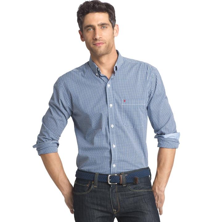 Big & Tall Men's Izod Slim-fit Gingham-checked Stretch Button-down Shirt, Size: 3xl Tall, Med Blue