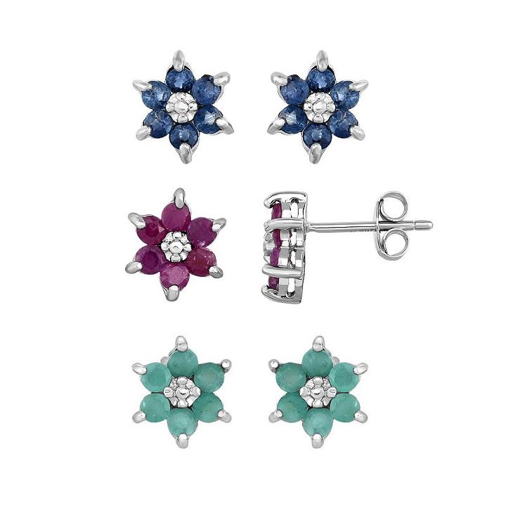 Sterling Silver Sapphire, Ruby & Emerald Flower Stud Earring Set, Women's, Multicolor