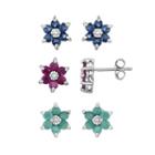 Sterling Silver Sapphire, Ruby & Emerald Flower Stud Earring Set, Women's, Multicolor
