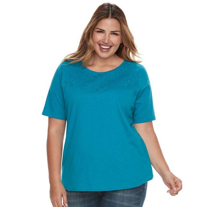 Plus Size Croft & Barrow&reg; Embroidered Scoopneck Tee, Women's, Size: 2xl, Turquoise/blue (turq/aqua)