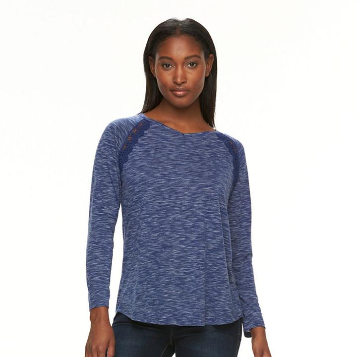 Women's Alex & Parker Space-dye Lace-trim Tee, Size: Large, Dark Blue