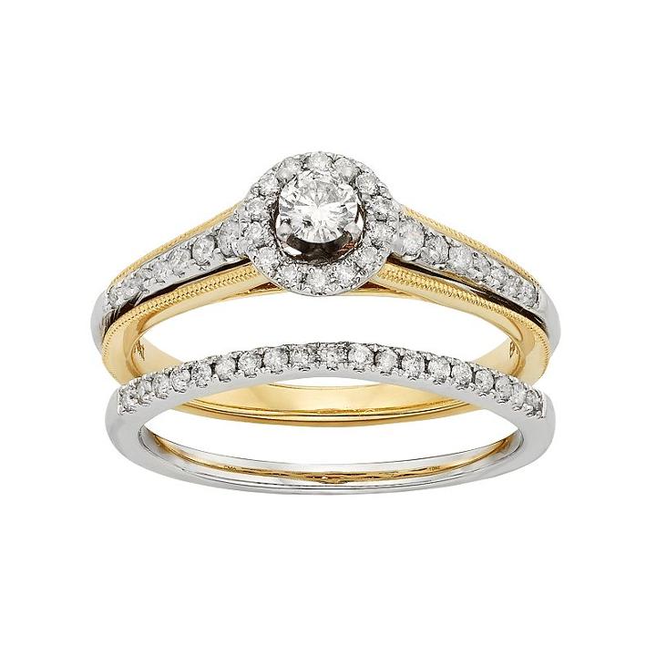 Diamond Halo Engagement Ring Set In 10k Yellow And White Gold (1/2 Carat T.w.), Women's, Size: 10