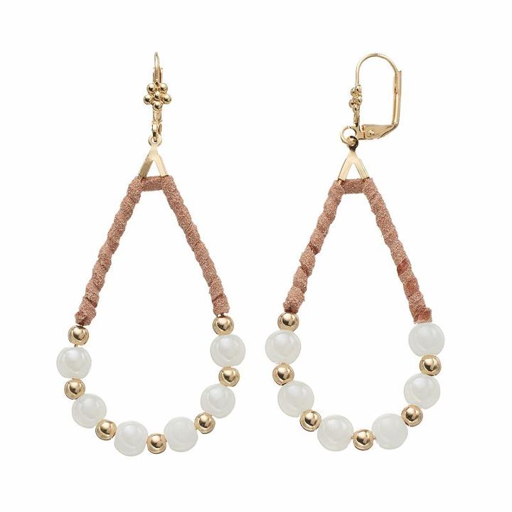 White Bead Wrapped Teardrop Hoop Earrings, Women's, Brown