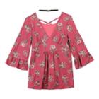 Girls 7-16 Iz Amy Byer Floral Bell Sleeve Lace-up Back Tunic With Choker Necklace, Size: Medium, Red Overfl