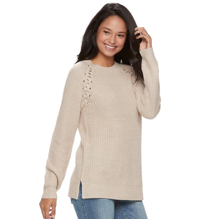 Juniors' So&reg; Raglan Crewneck Sweater, Teens, Size: Small, Med Beige