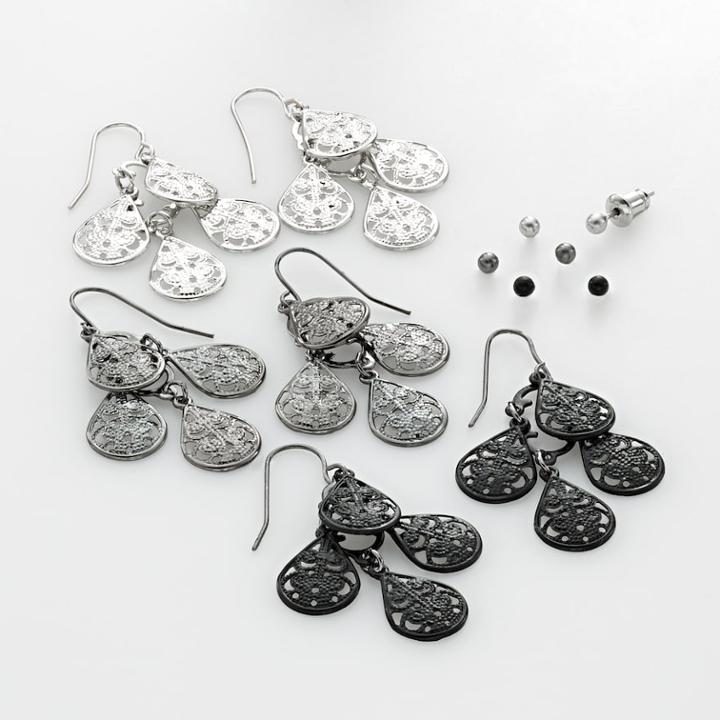 Mudd Two Tone Ball Stud And Filigree Chandelier Earring Set, Women's, Grey