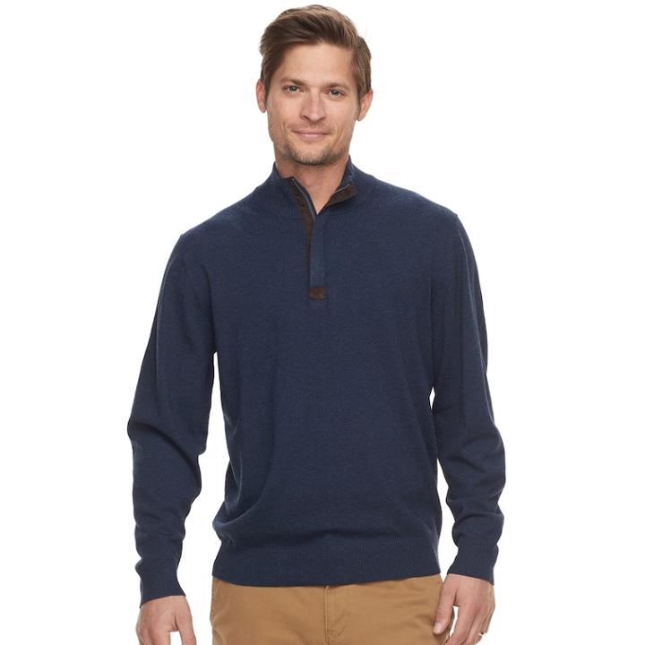 Men's Haggar Regular-fit Suede-trim Stretch Quarter-zip Sweater, Size: Small, Blue (navy)