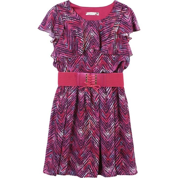 Girls 7-16 Speechless Belted Short Sleeve Ruffled Chiffon Dress, Size: 16, Plum Ivory