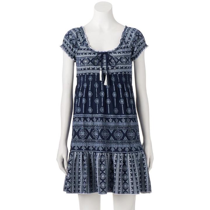Juniors' Almost Famous Print Smocked Babydoll Dress, Girl's, Size: Xl, Blue (navy)