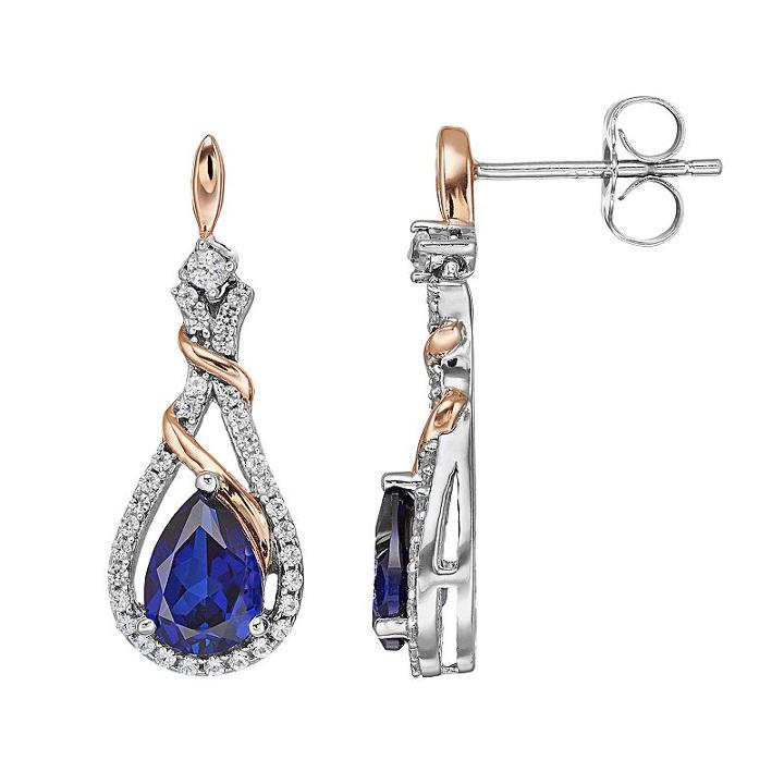 Two Tone Sterling Silver Lab-created Blue & White Sapphire Teardrop Earrings, Women's