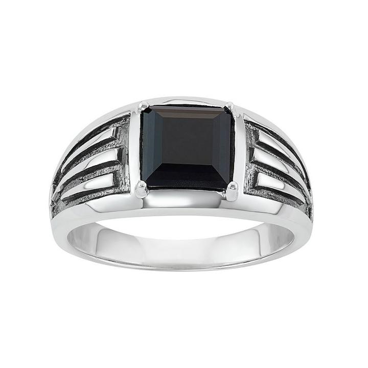 Men's Two Tone Sterling Silver Square Onyx Ring, Size: 12, Black