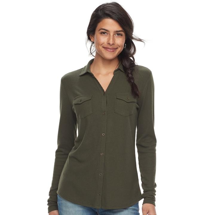 Women's Sonoma Goods For Life&trade; Ribbed Johnny Collar Shirt, Size: Xs, Green