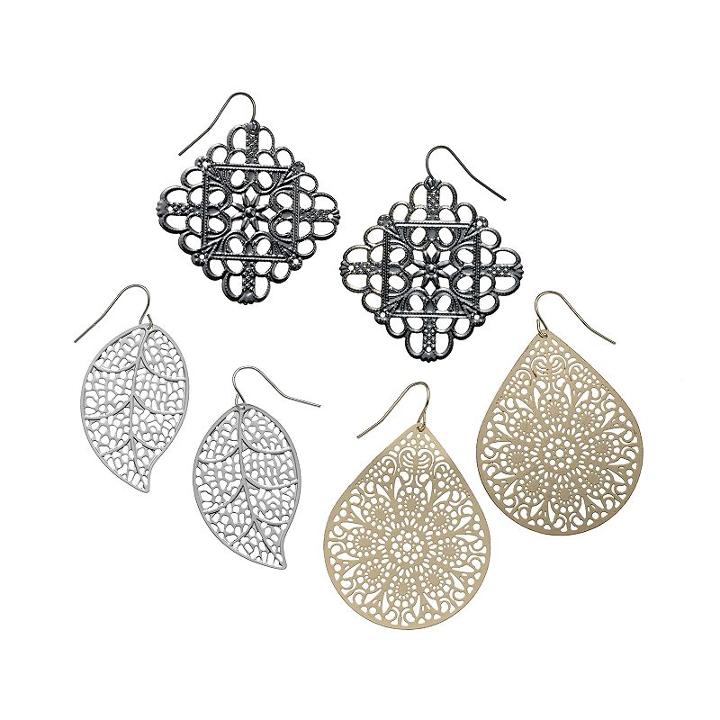 Mudd&reg; Filigree Leaf Teardrop & Drop Earring Set, Women's, Multicolor
