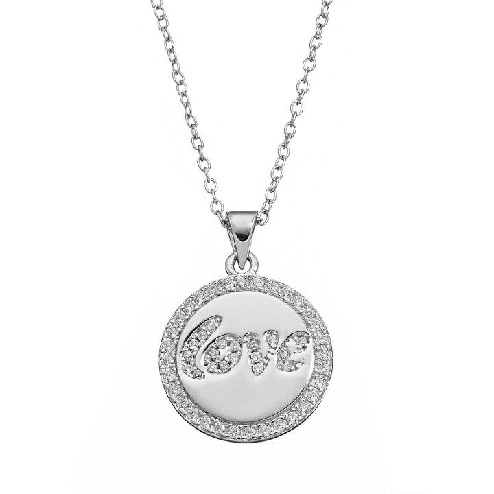 Qnotes Cubic Zirconia Sterling Silver Love Disc Pendant Necklace, Women's, Size: 18, White