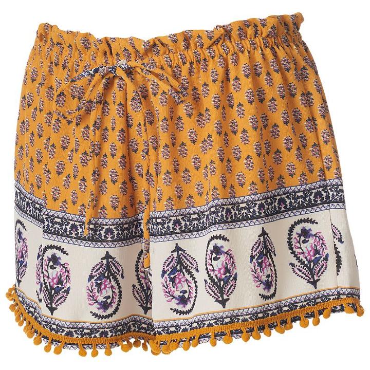 About A Girl, Juniors' Print Pom-pom Shortie Shorts, Size: Xl, Med Yellow