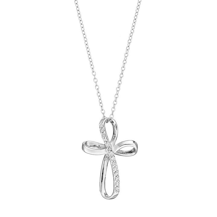 Sterling Silver 1/10 Carat T.w. Diamond Ribbon Cross Pendant Necklace, Women's, Size: 18, Grey