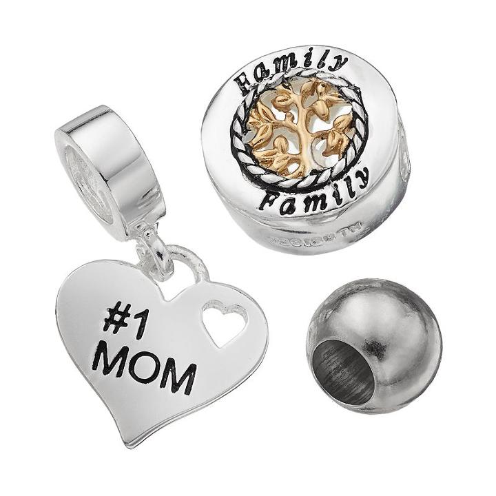 Individuality Beads Sterling Silver Two Tone Family Tree Bead And Mom Heart Charm Set, Women's, Grey