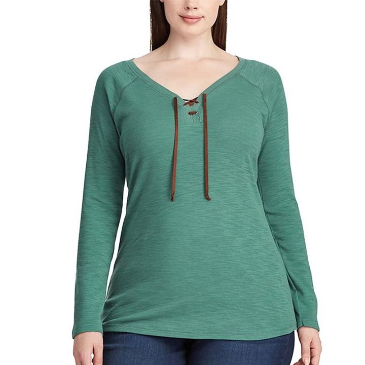 Plus Size Chaps Cotton Lace-up Tee, Women's, Size: 3xl, Green