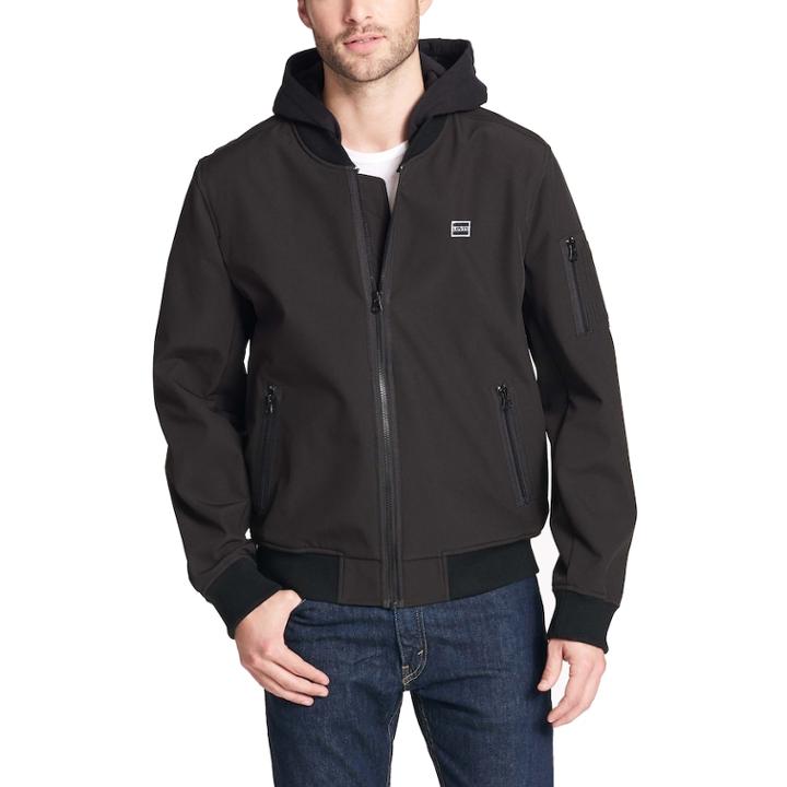 Men's Levi's&reg; Hooded Softshell Varsity Bomber Jacket, Size: Xxl, Black