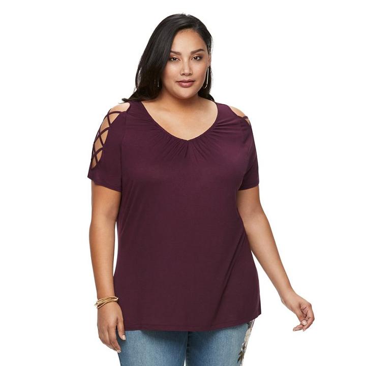 Plus Size Jennifer Lopez Lace-up Shoulder V-neck Top, Women's, Size: 0x, Drk Purple