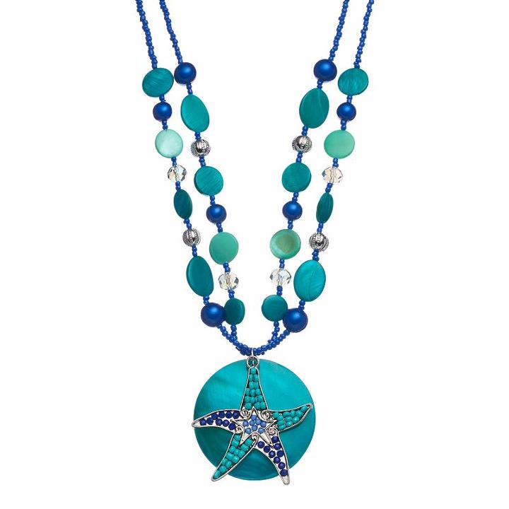 Blue Beaded Composite Shell Starfish Pendant Necklace, Women's