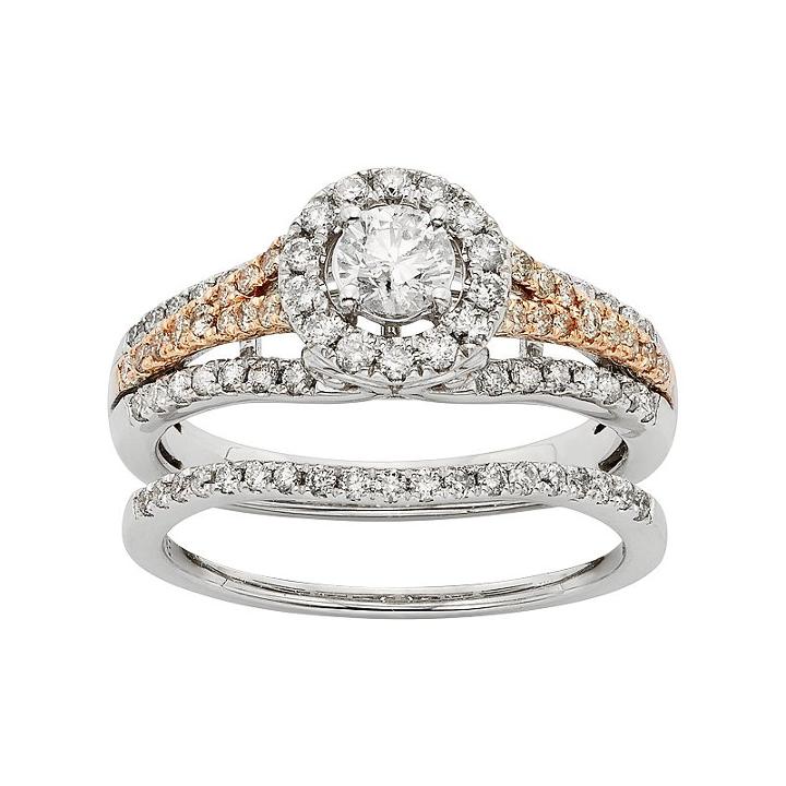 Igl Certified Diamond Halo Two Tone Engagement Ring Set In 14k Gold (1 Carat T.w.), Women's, Size: 8.50, White