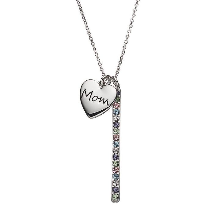Crystal Collection Crystal Silver-plated Mom Heart Charm & Stick Pendant Necklace, Women's, Multicolor