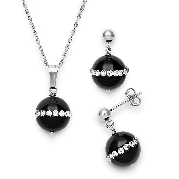 Sterling Silver Onyx And Crystal Pendant And Drop Earring Set, Women's, Size: 18, Black