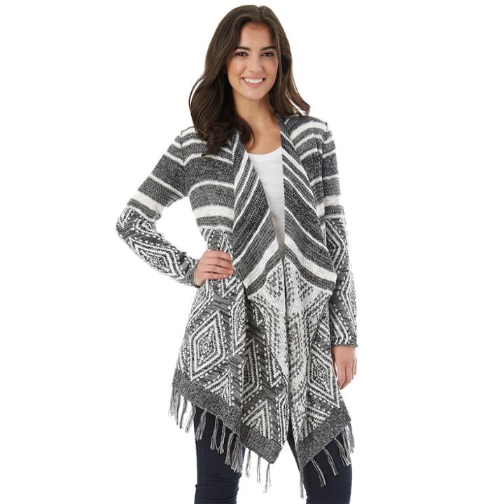 Juniors' Iz Byer California Print Fringe Draped Cardigan, Teens, Size: Small, Grey